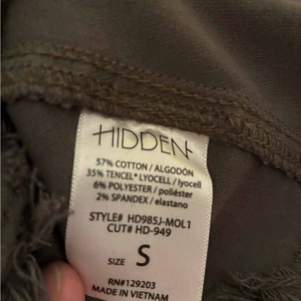 Hidden Cropped Denim Jacket Frayed Hem Olive Army Green Military EUC Small - Picture 8 of 10
